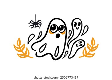 Playful Halloween Ghosts Featuring a Spider and Colorful Leaves for the Autumn Season. Vector illustration for posters, postcards, banners, design elements