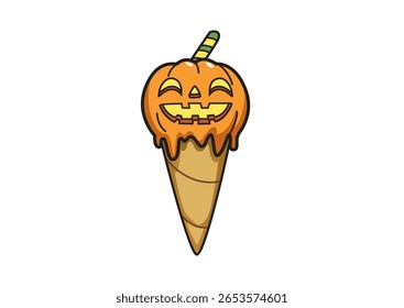 Cone de sorvete de Halloween brincalhão projetado como uma abóbora sorridente com conceito de chocolate pingando