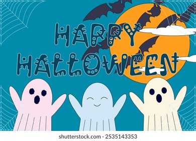 Playful Halloween illustration featuring cute ghosts, bats, and a full moon. Perfect for festive decorations and greeting cards.