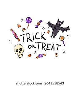 Playful Halloween illustration featuring a cute bat, skull, eyeballs, candies, lollipops, and Trick or Treat lettering in a hand-drawn cartoon style.
