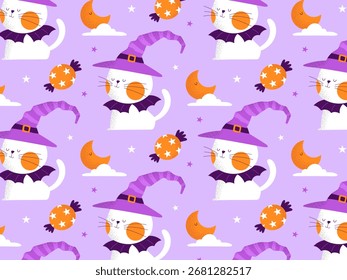 Spielerisches Halloween-Muster mit süßen Katzen und Mond auf violettem Hintergrund