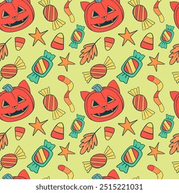 Um padrão brincalhão de Halloween com abóboras coloridas e deliciosos desenhos de doces