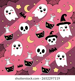 A playful halloween pattern featuring cute ghosts, skulls, potions, bats, moons, stars, and spiderwebs on a pink and purple striped background.