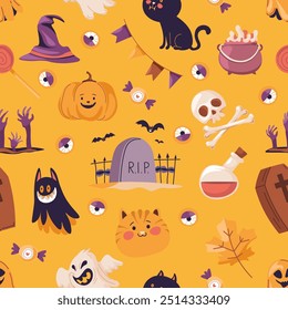 A playful Halloween pattern featuring pumpkins, ghosts, and witch hats in a cute style. This seamless vector illustration is great for festive designs.