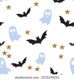 Playful Halloween pattern with ghost and bats