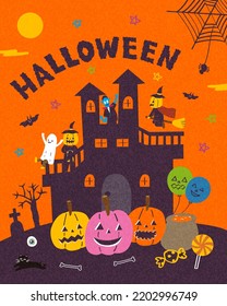 Playful Halloween scene featuring ghosts, pumpkins, bats, and a haunted castle filled with spooky fun and festive elements