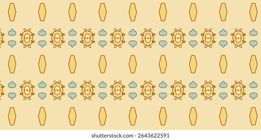 Playful Halloween seamless pattern with cartoon-style pumpkins, coffins, and skulls in bold yellow and blue tones, ideal for kids' costumes and party supplies.