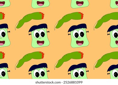 Playful Halloween seamless pattern featuring cute Frankenstein faces and creepy severed fingers. Ideal for festive designs and kids projects.