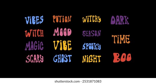 Playful Halloween Typography Art with Spooky and Witchy Words in Colorful, Retro groovy Style 