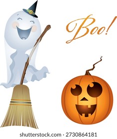 Una Ilustración vectorial de Halloween juguetona con un fantasma de dibujos animados con un sombrero de bruja, sosteniendo un palo de escoba y flotando junto a un clásico jack-o'-lantern. El alegre texto “Boo!” añade un ambiente divertido y espeluznante, lo que lo hace perfecto para decoraciones de Halloween, invitaciones, carteles y diseños de temporada.