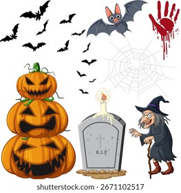 Playful Halloween vector with stacked jack-o'-lanterns, cartoon witch, gravestone, bats, and spooky elements.