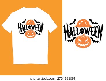 Diseño juguetón de la camiseta del Vector de Halloween con la cara de la calabaza y la tipografía atrevida de "Halloween", perfecta para la ropa festiva.