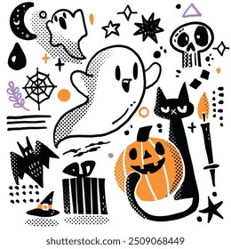 Playful Halloween-themed doodle featuring ghosts, a black cat, a jack o antern, skull, bat, and spooky elements in a whimsical style.
