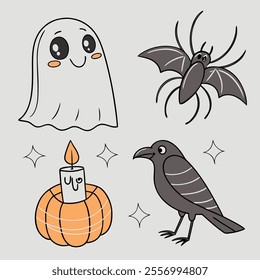 A playful Halloween-themed illustration featuring a ghost, spider, candle, and crow.