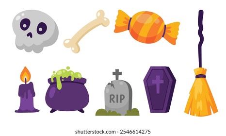 Un juego de ilustración juguetón con temática de Halloween con cráneo, hueso, caramelo, palo de escoba, ataúd, caldero, lápida y vela. Perfecto para diseños y decoraciones festivas.