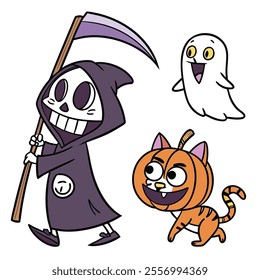 A playful Halloween-themed illustration with a skeleton, ghost, and pumpkin cat.