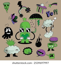 Playful hand drawn abstract character doodles featuring quirky figures, clouds, and unique expressions, isolated on a brown background for creative designs.