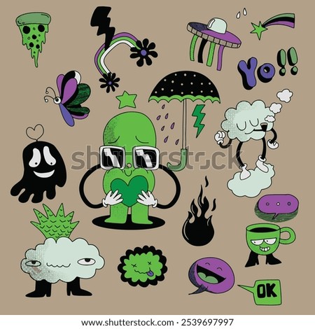 Playful hand drawn abstract character doodles featuring quirky figures, clouds, and unique expressions, isolated on a brown background for creative designs.
