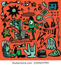 Playful hand drawn abstract doodle icons featuring quirky characters, symbols, and random shapes, isolated on an orange background for unique designs