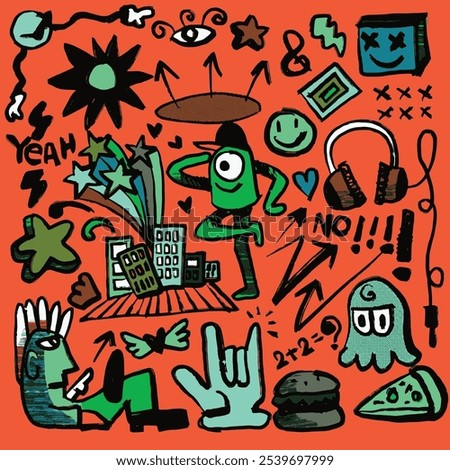 Playful hand drawn abstract doodle icons featuring quirky characters, symbols, and random shapes, isolated on an orange background for unique designs
