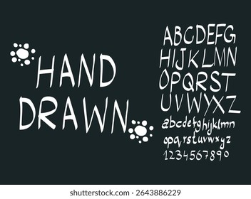  Playful Hand Drawn Alphabet Font with Uppercase, Lowercase, Numbers, and Paw Print Accents on Dark Background for Creative Design and Typography Projects