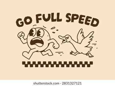 Playful hand drawn artwork featuring a frightened runner escaping a fast chasing duck with energetic movement
