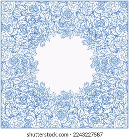 Playful, Hand Drawn, Blue Colored Rose Flowers Line Art Background And Patern Vector Illustration