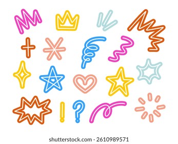 Playful Hand Drawn Cartoon Symbol. A collection of 18 playful hand drawn symbols including squiggles stars hearts arrows bursts and crowns in bold cartoon style with soft outlines and vibrant colors