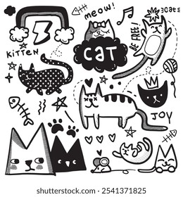 Playful hand drawn cat doodle icons featuring various poses and expressions, with Halftone effect, ideal for creative and fun designs
