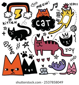 Playful hand drawn cat doodles featuring various adorable expressions and fun elements, isolated on white background