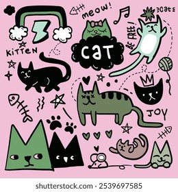 Playful hand drawn cat doodles with various poses and expressions, including words and symbols, isolated on a pink background for fun designs.