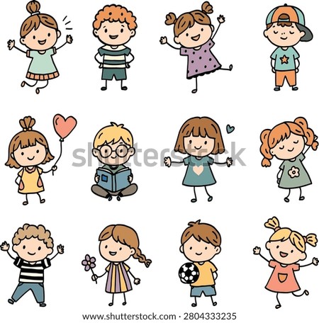 Playful hand drawn children characters in bright pastel poses with bold outlines for cheerful nursery, school, activity, poster, sticker, greeting card, apparel, and print designs