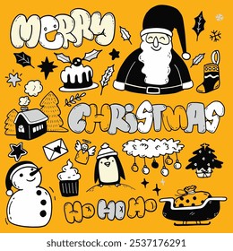 Playful hand drawn Christmas doodles featuring Santa, snowman, penguin, gifts, and festive symbols on a bright yellow background.