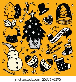 Playful hand drawn Christmas doodles featuring Santa, snowman, penguin, gifts, and festive symbols on a bright yellow background.