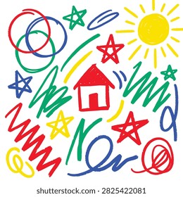 Playful hand drawn composition showcasing small red house yellow sun stars and colorful scribble marks in crayon style