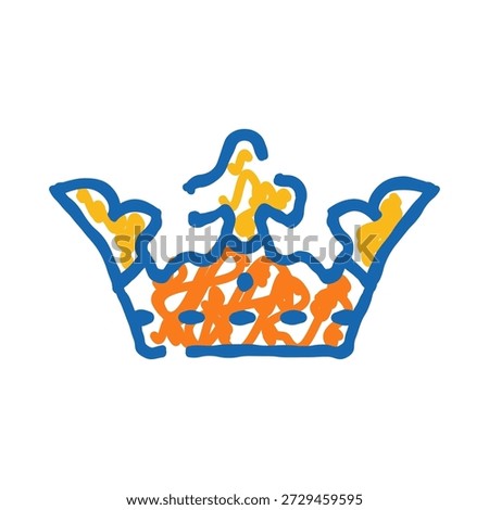 Playful hand drawn crown doodle in blue, orange and yellow on white background, symbolizing royalty, leadership, success and whimsical celebration for creative designs