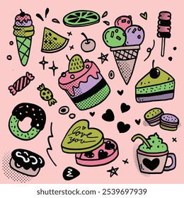 Playful hand drawn dessert doodles featuring cakes, ice cream, donuts, and candy, isolated on a pink background for sweet and fun designs.