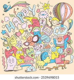 Playful hand drawn doodle characters featuring whimsical creatures, balloons, and joyful elements, isolated on a beige background for cheerful and fun designs