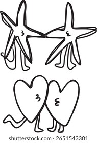 Playful hand drawn doodle characters shaped like starfish and hearts with legs, full of quirky charm