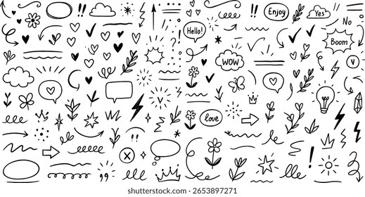 Spielerische handgezeichnete Doodle-Sammlung Whimsical Sketch Elemente für kreative Projekte und Designs Spaß Vektorgrafik Ideal für verschiedene Anwendungen