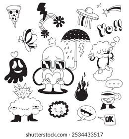 A playful hand drawn doodle featuring quirky characters, whimsical elements like clouds, pizza, and coffee cups, with a soft and simple line style
