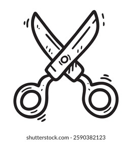 A playful, hand drawn doodle icon of scissors with crossed blades and circular handles. Perfect for creative projects, educational materials, and design elements.