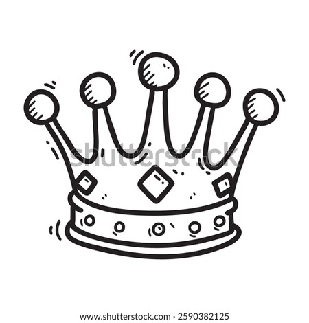 A playful, hand drawn doodle icon of a crown, perfect for royalty themed designs, children's illustrations, and creative projects. Black and white.