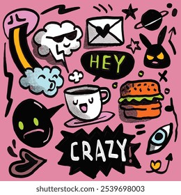Playful hand drawn doodle icons featuring quirky characters, speech bubbles, and abstract shapes, isolated on a pink background for creative designs