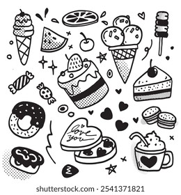 Playful hand drawn doodle icons of various sweet treats including cakes, ice cream, and candy, with Halftone effect, perfect for fun designs