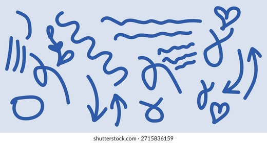 Brincalhão mão desenhado linhas de doodle com setas, corações e rabiscos para desenhos gráficos criativos.