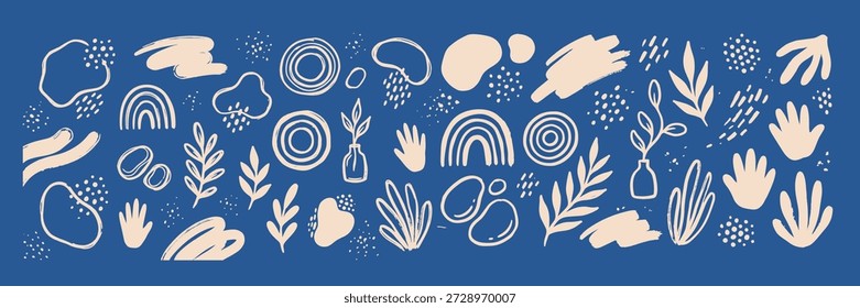 Verspielte handgezeichnete Doodles schaffen eine nahtlose botanische und Regenbogengrenze in Creme auf tiefblauem Hintergrund, geeignet für Schreibwaren und Web, skurril.