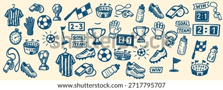 Playful hand drawn doodles display assorted football equipment, jerseys, boots, trophies, scoreboards and stadiums in a seamless horizontal banner, ideal for sports posters, web headers, or fan merchandise, energetic.
