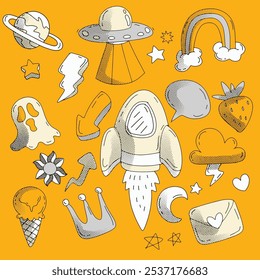 Playful hand drawn doodles featuring space-themed icons like UFOs, rockets, planets, and other whimsical symbols on a yellow background.