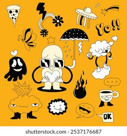 Playful hand drawn doodles featuring quirky characters, emojis, and fun symbols like clouds, UFOs, fire, and pizza on a yellow background.